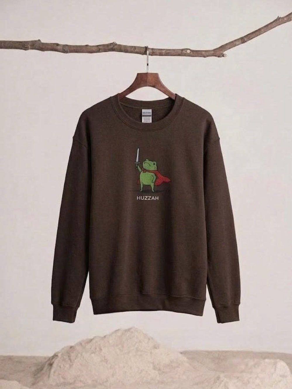 Funny Frog Knight Huzzah Sweatshirt Cottagecore Fantasy Medieval Brown Crewneck